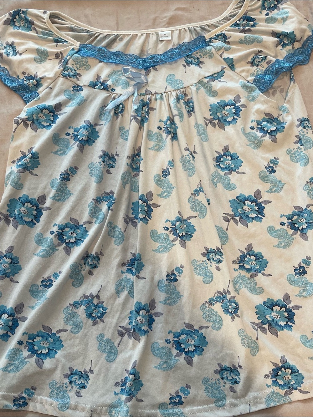 Women's Cream Floral Sleep Top with Blue Lace Trim